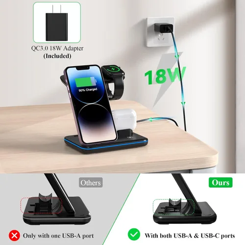Vista 4 de Minthouz Cargador inalámbrico para teléfono, estación de carga rápida de 18 W para iWatch (el cargador de reloj no está incluido), AirPods, soporte