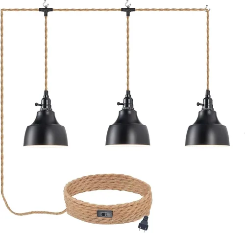 Vista 12 de Lámpara Colgante Enchufable de 15 pies con Cable, Interruptor Regulable, Lámpara Colgante de Ratán con Mimbre Tejido a Mano, Candelabro Enchufable