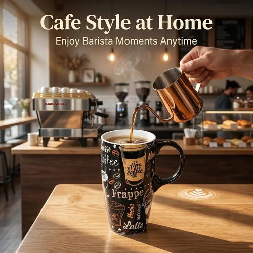 Vista 2 de Topadorn Taza de Café de Cerámica Taza de Viaje Regalo con Tapa 17oz, Taza de Té Alta de Porcelana con Asa para el Hogar y la Oficina, Taza