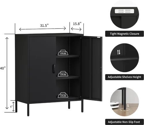 Vista 32 de Gabinete de almacenamiento de metal ancho negro, gabinete de acento de 2 puertas para el hogar y la oficina, gabinete de metal bajo de 2 niveles