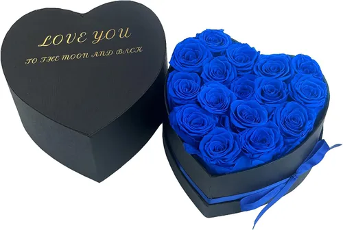 Vista 4 de Rosas preservadas en forma de corazón, flores para siempre (16 rosas azules)