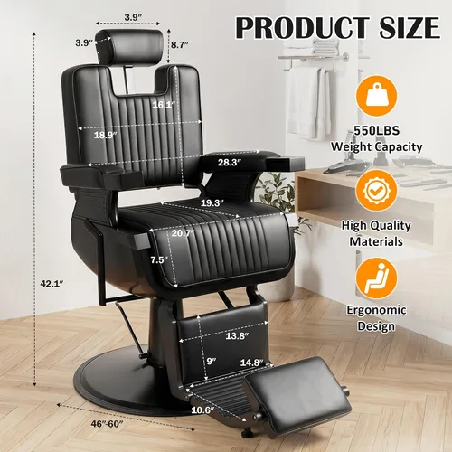Vista 3 de Hydraulic Barber Chair All Black, 550LBS Heavy Duty Barbershop Chair, Adjustable Reclining Salon Chair, Professional Hair Stylist Chair for