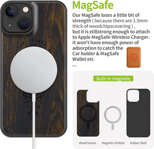 Vista 4 de Carveit Funda magnética de madera para iPhone 13 [madera real dura y TPU suave], funda protectora híbrida de madera única y elegante a prueba