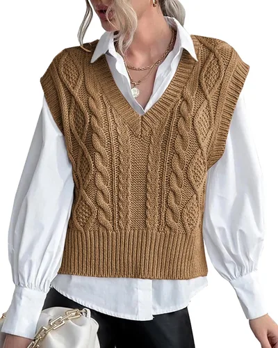 Vista 19 de Chaleco de suéter para mujer Lueluye V cuello sin mangas de punto sólido casual acanalado estilo preppy Beige