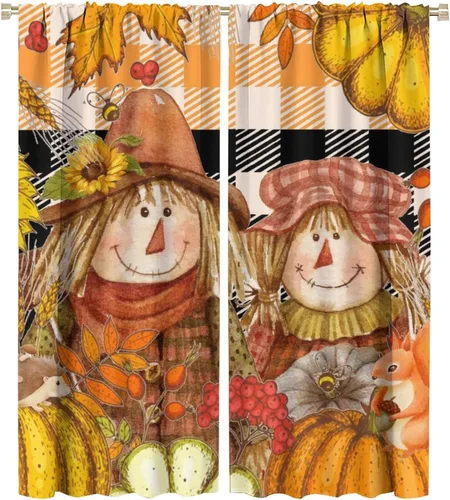 Vista 14 de Divertidas cortinas opacas de calabaza y espantapájaros para sala de estar, rústicas de otoño, hojas de arce, girasol, cosecha de otoño, puesta