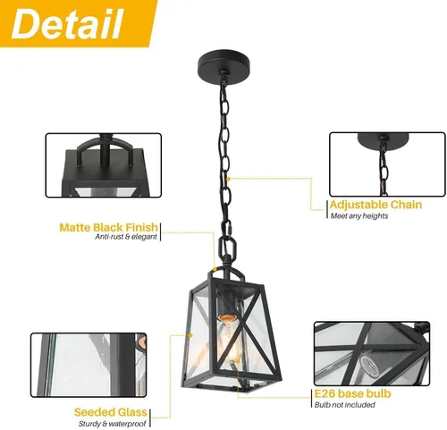 Vista 6 de Lámpara colgante para exteriores, luces colgantes antioxidantes exteriores de granja, luz de techo negra para exteriores con vidrio sembrado Negro