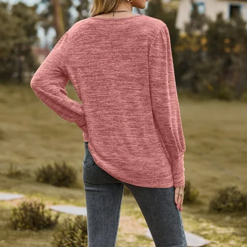 Vista 4 de Camisetas casuales de moda para mujer, con puños con botones, cuello redondo, manga larga, color sólido, camisas elegantes