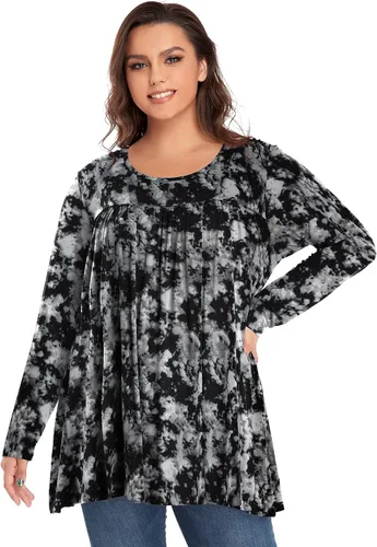 Vista 2 de OVERWORETY Camiseta tipo túnica de manga larga para mujer, plisada, casual, para otoño, para usar con leggings