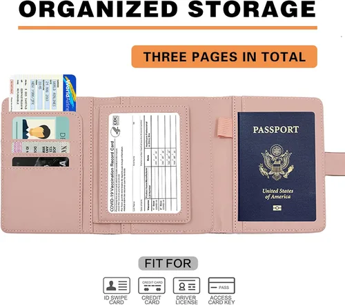Vista 5 de Cnycmy Soporte para pasaporte y tarjetero de vacunación, para mujer, soporte para pasaporte RFID con ranura para tarjeta de vacuna, impermeable