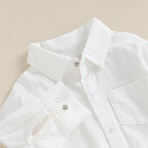 Vista 4 de Mameluco de camisa con botones para bebé, mameluco de burbujas con solapa blanca, color sólido, básico, ropa