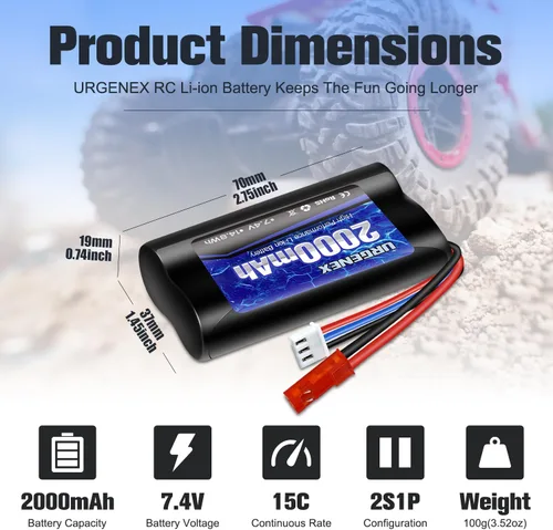 Vista 2 de Batería de iones de litio de 2000 mAh 7.4 V con enchufe JST 2S batería recargable RC con 1 a 2 cargador USB apto para helicóptero RC camión y barcos