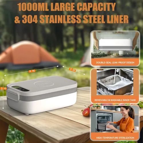 Vista 3 de Fiambera eléctrica portátil sin cables para hombres, fiambrera con calefacción, calentador de alimentos recargable con batería de 14000 mAh