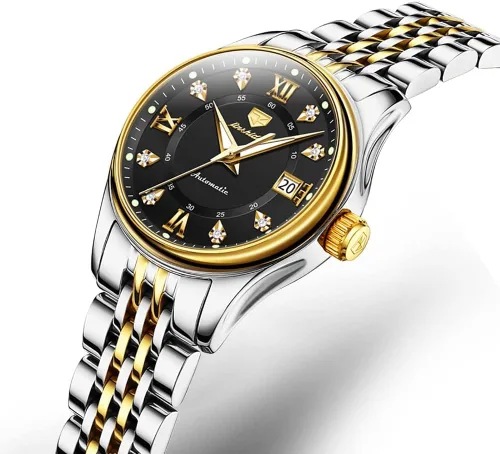 Vista 2 de OLEVS Reloj automático para mujer, de lujo, con cuerda automática, de diamante, de acero inoxidable, de fase lunar, impermeable, esfera azul luminosa