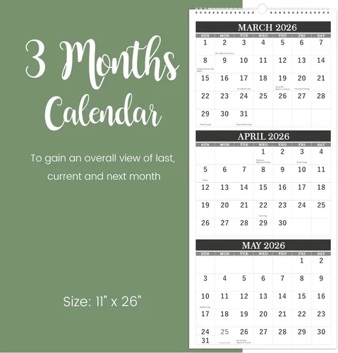 Vista 4 de Calendario de pared 2026, calendario de pared de 3 meses (plegado en un mes), enero de 2026 a diciembre de 2026, 11.25 x 26 pulgadas, calendario