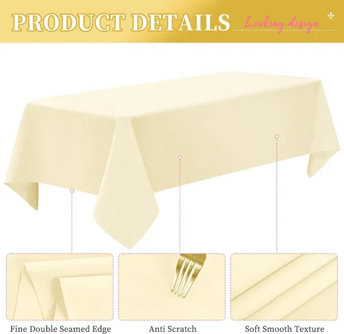 Vista 2 de Paquete de 10 manteles rectangulares de 60 x 102 pulgadas, color beige para mesas rectangulares de 6 pies, mantel rectangular de tela de poliéster