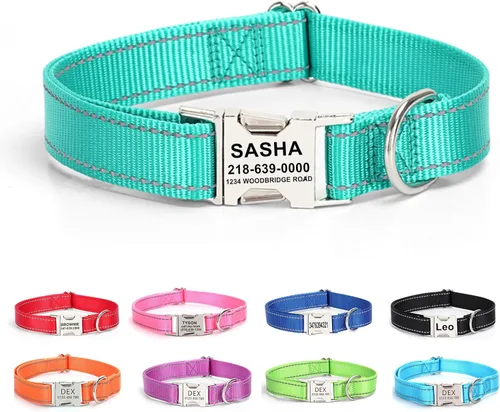 Vista 22 de Collar personalizado para perro con etiqueta de nombre, collar de nailon reflectante para mascotas, collares de perro con hebilla dorada grabada