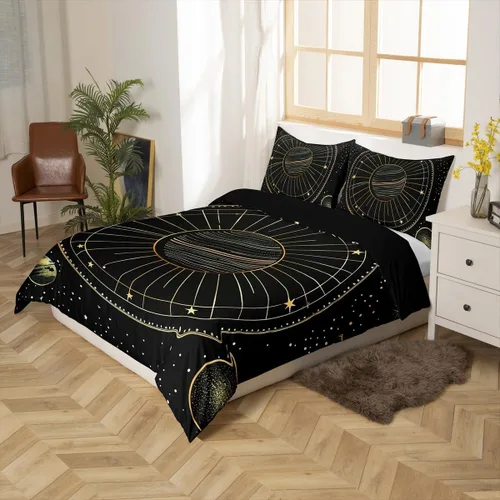 Vista 2 de Funda de edredón del espacio exterior, juego de ropa de cama bohemio para niños, funda de edredón de constelación de planeta para decoración de Negro