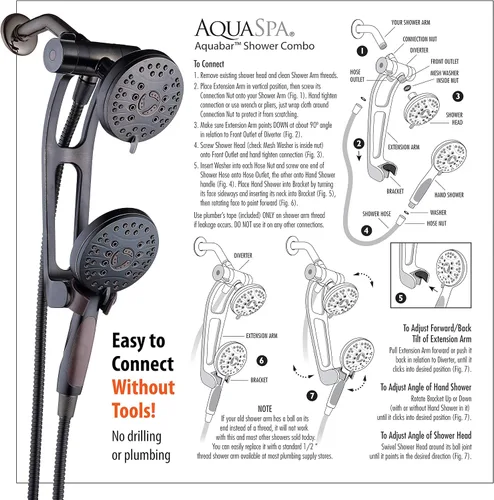 Vista 7 de Combo de lujo de 3 vías de alta presión de 48 modos con brazo de extensión ajustable – Cabezal de ducha dual de lluvia y de mano – Manguera de acero