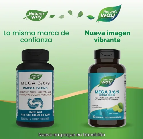 Vista 2 de Nature's Way MEGA 3/6/9 Omega Blend, sin OMG, pescado Lino Borraja Aceites, sabor a lima, 90