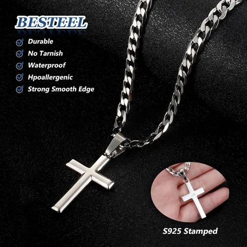 Vista 4 de BESTEEL - Colgante de cruz de plata 925, collar de cadena cubana de acero