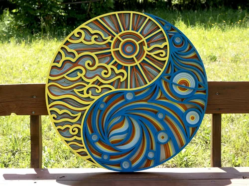Vista 4 de Decoración de pared para el hogar, Yin Yang Corte láser multicapa tallado elegante mandala de madera para colgar, paneles MDF para decoración, obras
