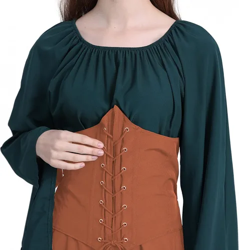 Vista 4 de QiaoPkeb Vestido renacentista para mujer, vestido victoriano, disfraz medieval para mujer, vestido corto irlandés tradicional