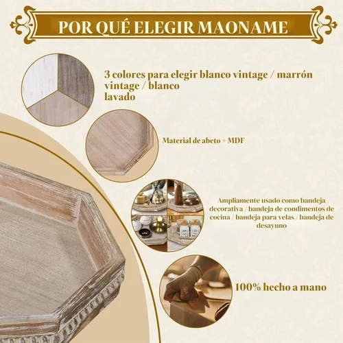 Vista 8 de MAONAME Bandeja de Madera para Servir, Bandeja de Madera Estilo Granja con Cuentas, Bandeja Octogonal para Servir Blanca Lavada, Bandeja de Mesa