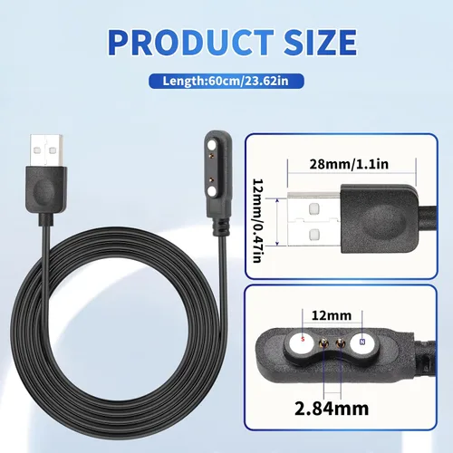 Vista 2 de Cable de carga para reloj inteligente, accesorios magnéticos para SmartWatch, cable de carga de 2 pines, espacio entre pines de contacto
