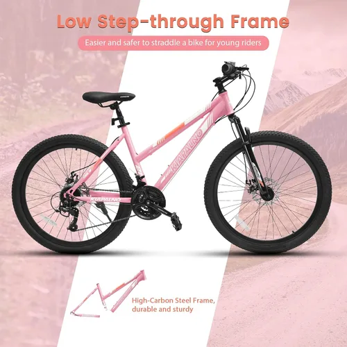 Vista 7 de Ecarpat 24/26 Inch Mountain Bike for Women Girls, 21-Speed Mountain Bicycle with Disc/V-Brakes and Front Fork Suspension, Carbon Steel Frame MTB Bike