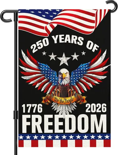 Vista 10 de Banderas de jardín con el 250 aniversario de Estados Unidos para exteriores, bandera de Estados Unidos del 250 aniversario 1776-2026, letrero