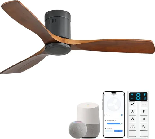 Vista 11 de Sofucor Ventiladores de techo inteligentes de 52 pulgadas con luces - montaje al ras de perfil bajo, modernos ventiladores de techo de madera maciza