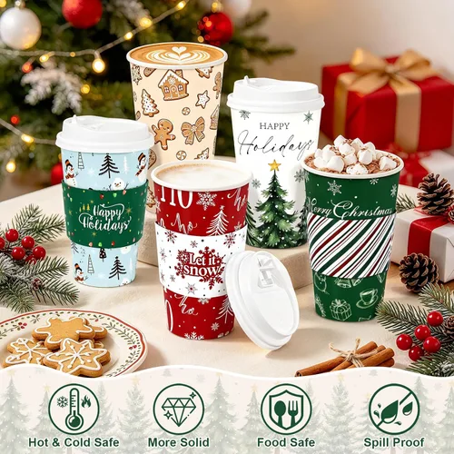 Vista 6 de LANLISA Paquete de 50 tazas de café navideñas de 16 onzas con tapas