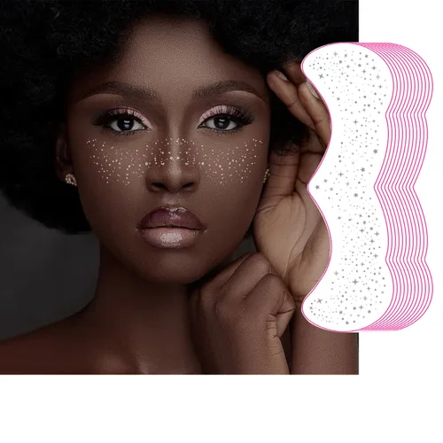 Vista 11 de Tatuaje facial de pecas con purpurina, 12 hojas de pecas impermeables con purpurina facial marrón, parches de maquillaje, tatuajes faciales
