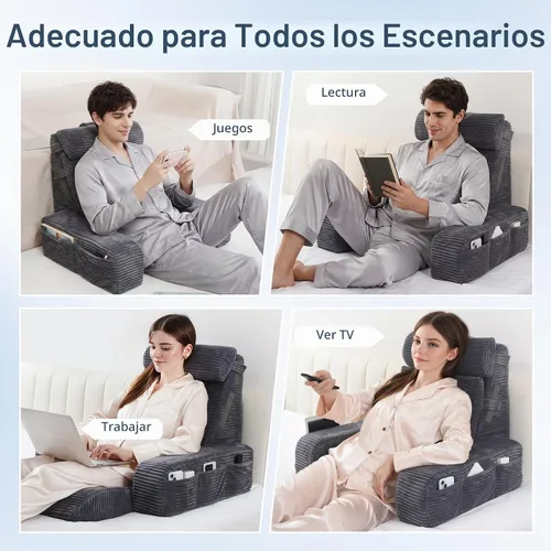 Vista 7 de Vekkia 21" Reading Pillow for Adults with Armrests and Adjustable Backrest Gris