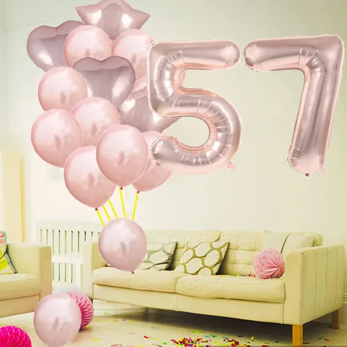 Vista 4 de Decoraciones de cumpleaños número 57, globos de oro rosa con el número 57, globos de aluminio de Mylar 57, decoración de globos de látex, gran