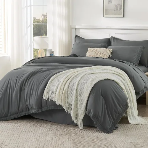 Vista 21 de Andency Juego de ropa de cama con edredón tamaño matrimonial beige con sábanas - 7 piezas, estilo bohemio con borlas, ropa de cama ligera en una 01