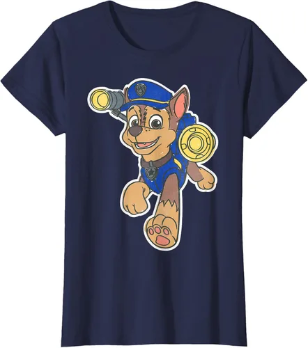 Vista 32 de Paw Patrol Chase Character Patch - Camiseta negra de manga corta con cuello redondo y ajuste clásico, talla S Negro