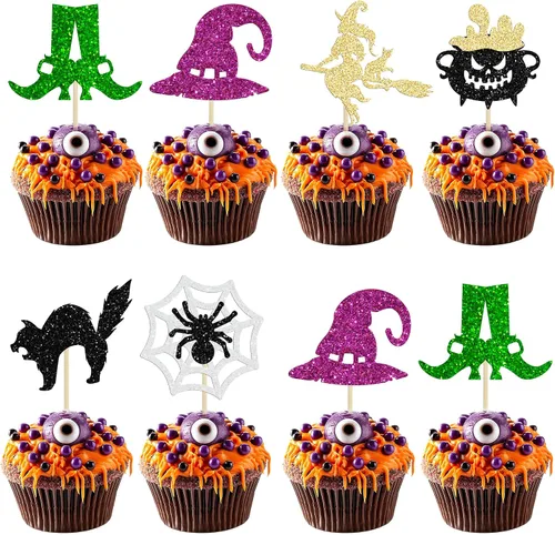 Vista 18 de Ephlyn 24 adornos negros para tartas de Halloween con purpurina fantasma Negro Halloween
