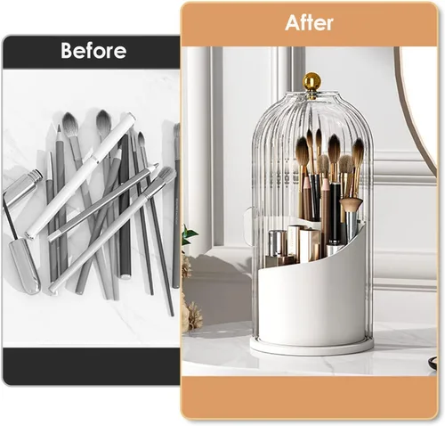 Vista 3 de Organizador de cuidado de la piel, organizador giratorio de 360 grados para brochas de maquillaje con tapa, organizador de brochas de maquillaje