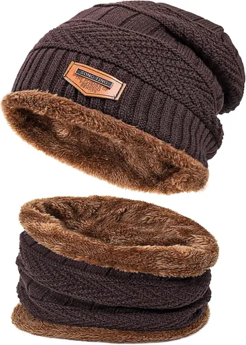 Vista 11 de Conjunto de bufanda y gorro de invierno, gorro cálido con forro polar, gorro de punto grueso para hombres y mujeres Negro