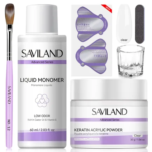Vista 12 de Saviland Kit de iniciación de uñas acrílicas: polvo y líquido acrílico rosa claro nude, cepillo, limas, formularios, uñas a presión, juego