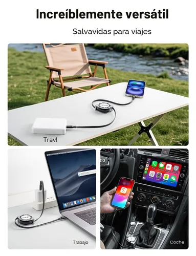 Vista 8 de Cable retráctil USB C a USB C (1.2 m, 2 unidades), cable de carga rápida USBC 5A de 100W, cable de carga tipo C para iPhone 17 16 15 Pro Plus Pro