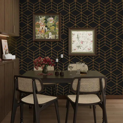 Vista 2 de LiKiLiKi Papel tapiz autoadhesivo negro y dorado, diseño geométrico moderno, 17.3 x 118 pulgadas, vinilo decorativo extraíble para cajones