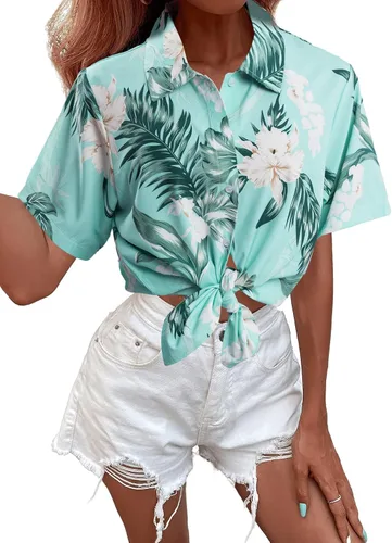 Vista 4 de MYHALF Camisa hawaiana suave y fresca para mujer, camisas hawaianas de verano con estampado floral tropical, cuello en V, camiseta de manga corta