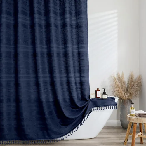 Vista 12 de OVZME Cortina de ducha bohemia negra, cortina de ducha estrecha de tela suave a rayas de lino texturizado con borla, moderna decoración de baño