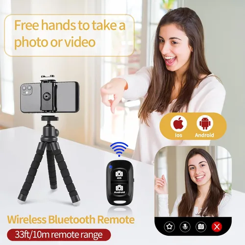 Vista 3 de Trípode de teléfono para iPhone, mini soporte flexible con control remoto para grabación Trípode compacto y flexible con control remoto, ideal