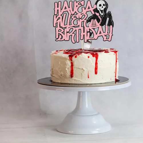 Vista 4 de Gyufise 1 pieza de decoración de pastel de cumpleaños con purpurina montada de terror clásico de Halloween para temática de terror sangriento