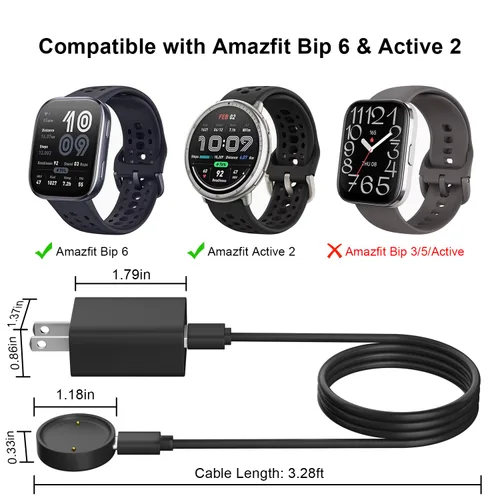 Vista 4 de Cargador de reloj para Amazfit Bip 6/Active 2, adaptador magnético de carga rápida de pared y cable, cable de carga magnético de 3.3 pies