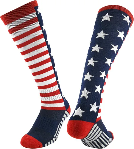 Vista 2 de BUENWAZ Calcetines altos hasta la rodilla con la bandera americana, patrióticos por encima de la pantorrilla, para béisbol, fútbol, sóftbol