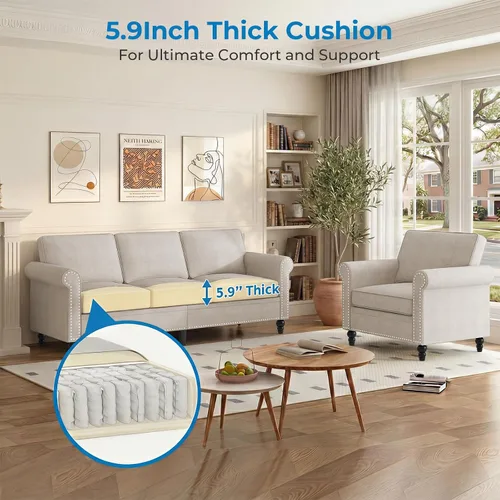 Vista 6 de Mjkone Juego de 2 Piezas para Sala de Estar, Sofás Seccionales, Juego de Sofá y Silla, Sofá Moderno de Lino con Marco de Madera y Patas